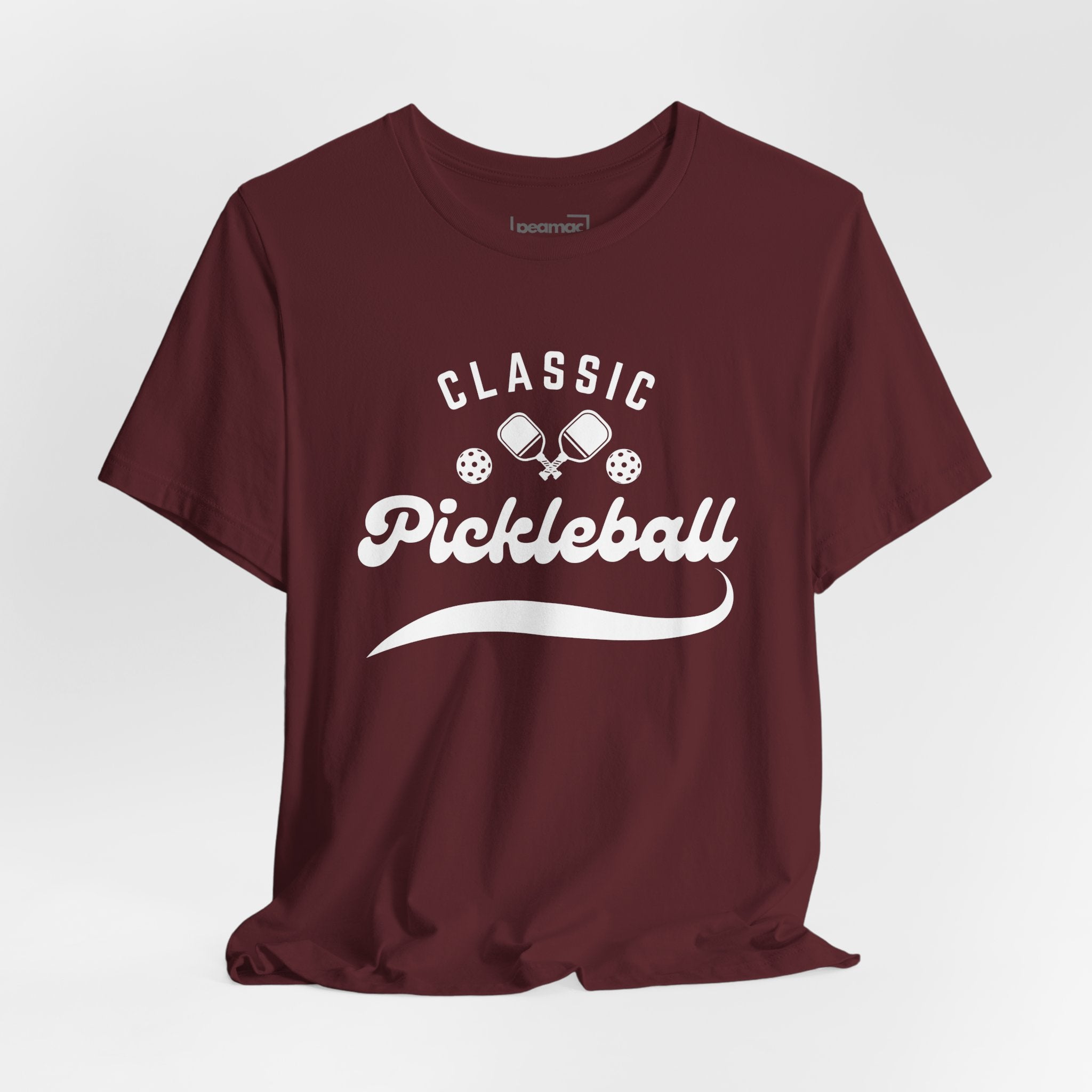 Classic pickleball T-shirt with "Pickleball" script design, comfortable cotton fabric, perfect for pickleball enthusiasts.