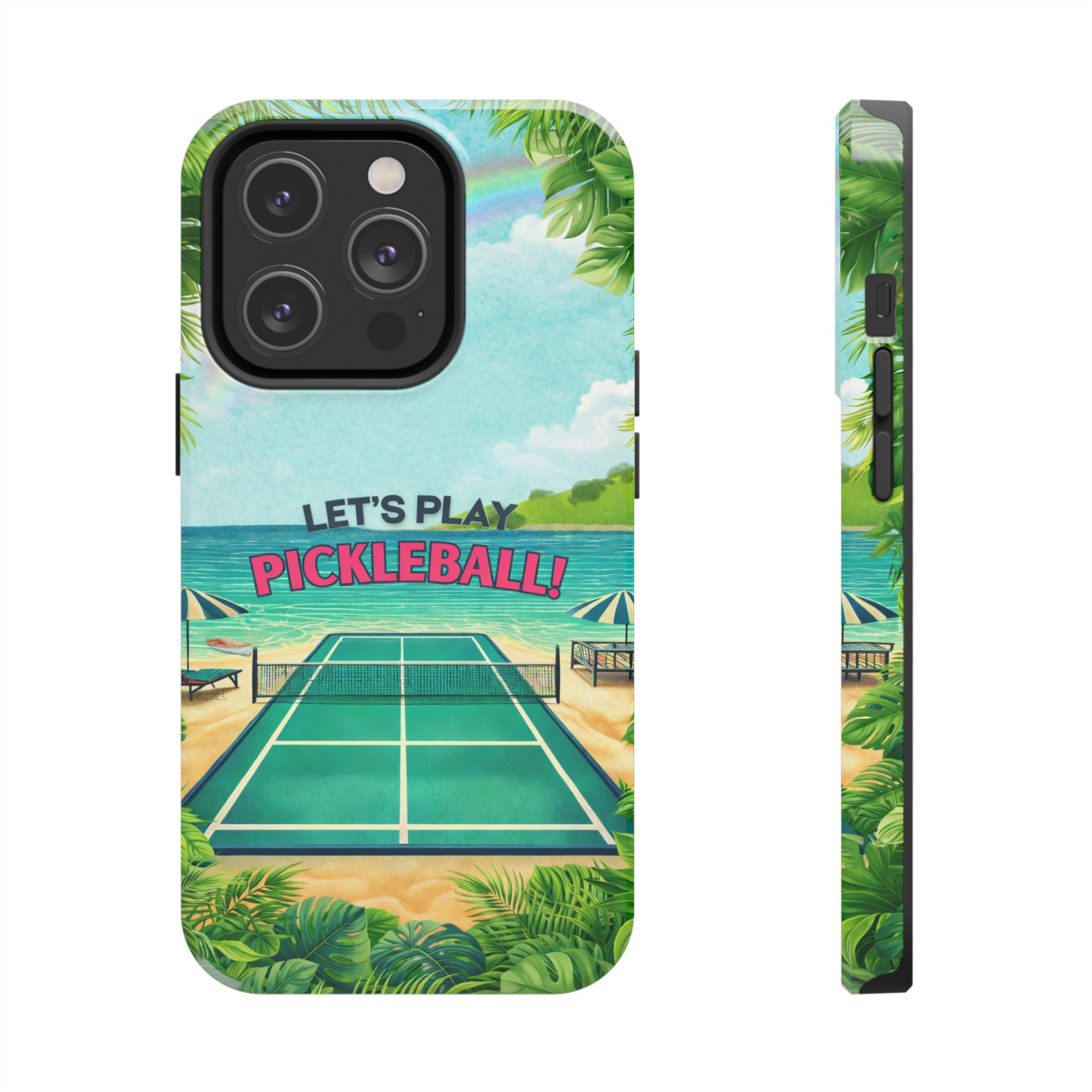Let's Play Pickleball! Tropical Tough Phone Case | Supports Wireless Charging | Compatible with iPhone and Samsung smartphones