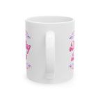 Pink Dinking Diva Pickleball ceramic mug by Printify, 11oz or 15oz, featuring a pink filigree design for coffee or tea.