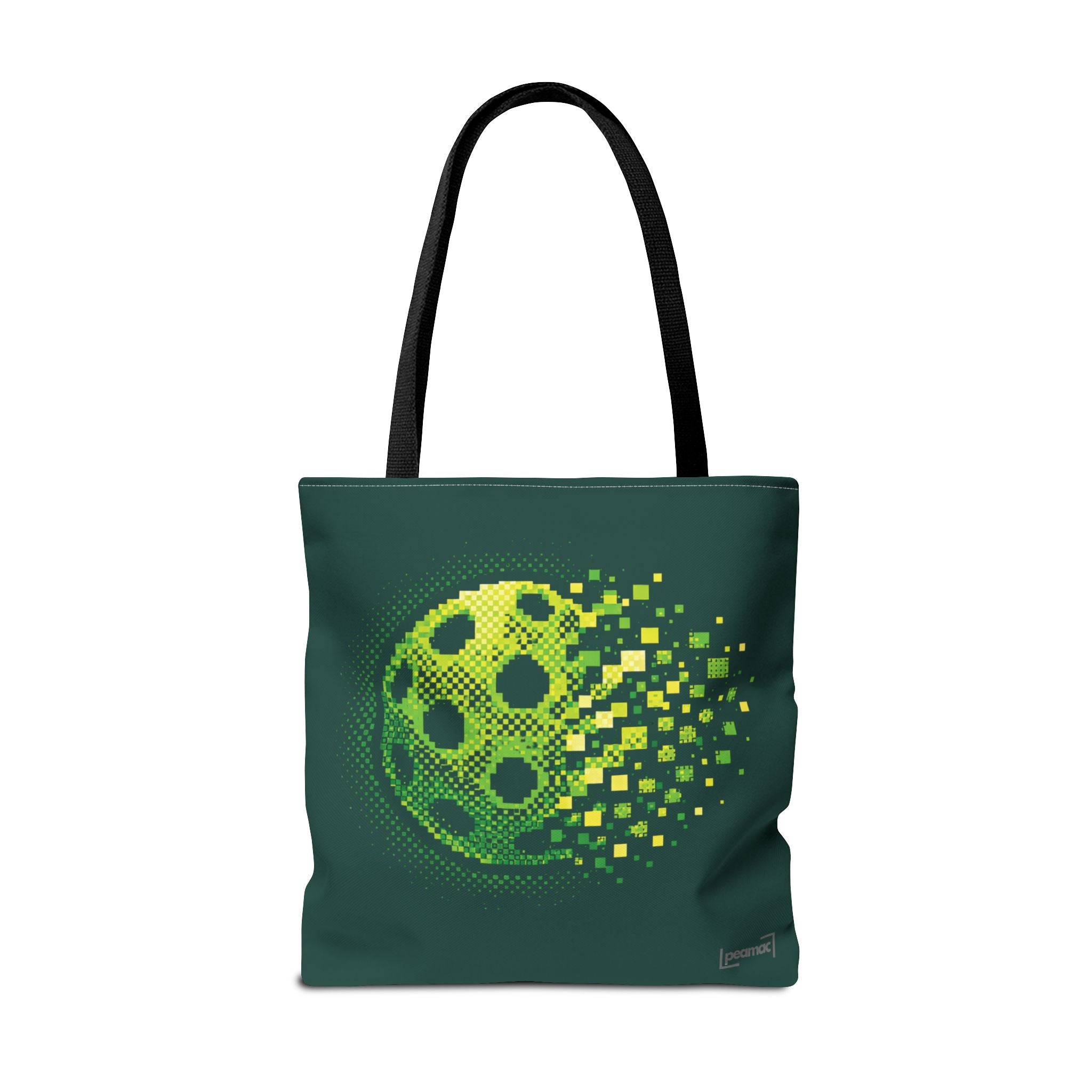 Pixelated Pickleball Tote Bag in green with digital smash design, 18x18 inches, from Printify, featuring a vibrant, pixelated pattern.