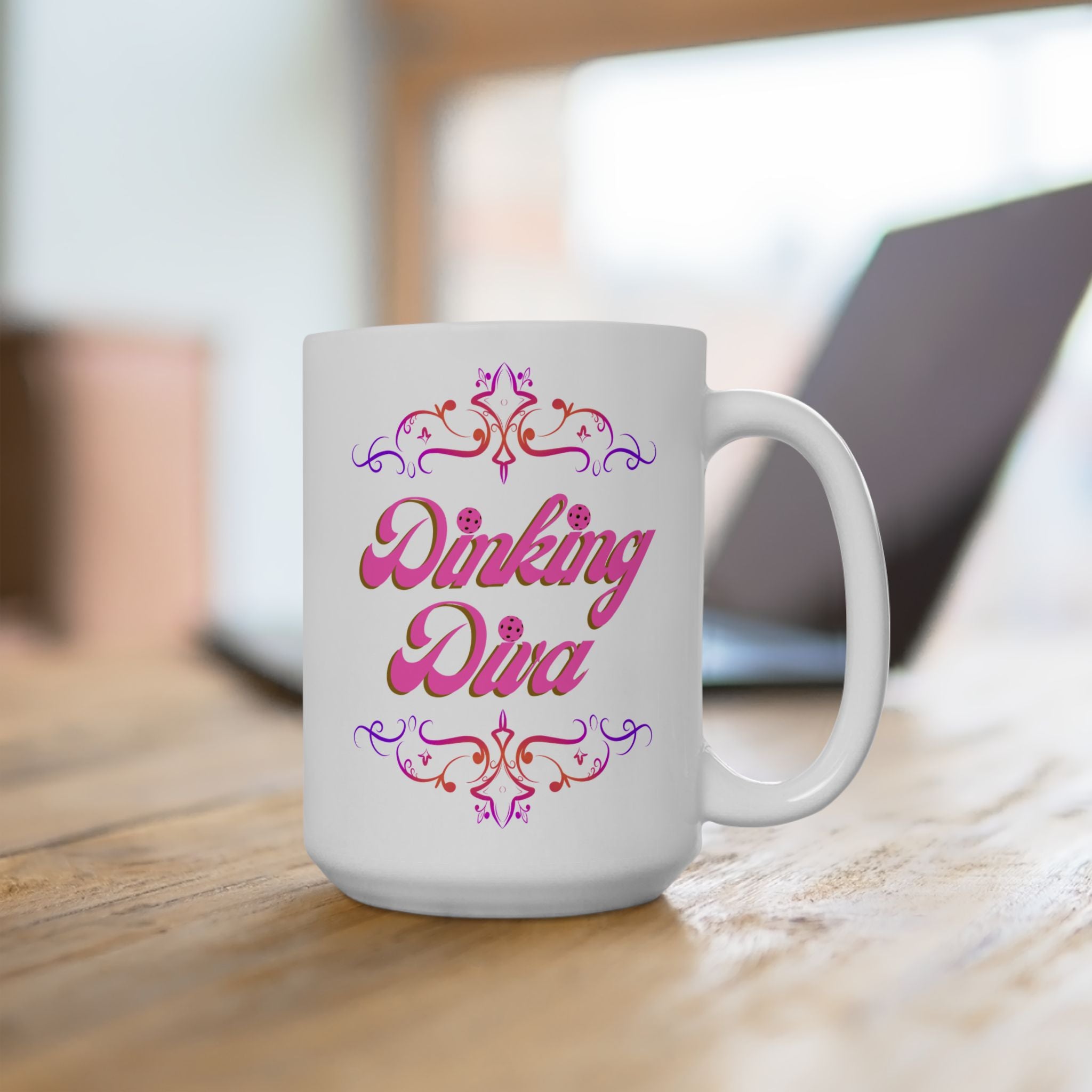 Pickleball Mug, Dinking Diva Ceramic Coffee Cup | 11oz & 15oz | Pink Text Filigree Borders | Dishwasher & Microwave Safe