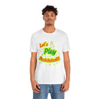 Neon orange and electric green pickleball rally T-shirt with court graphic, casual athletic wear by Printify.