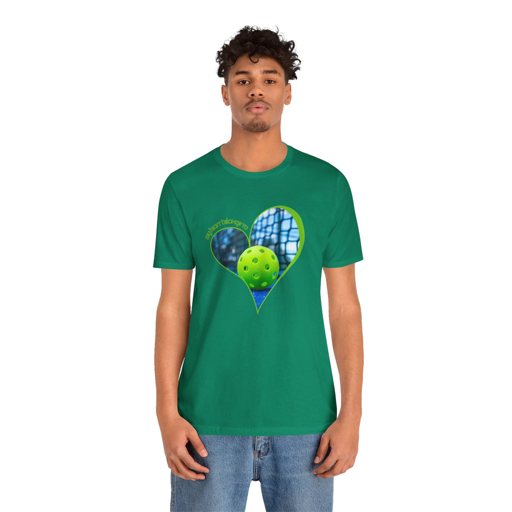 White Pickleball T-Shirt from Printify with "My Heart Belongs to Pickleball" slogan, featuring a casual fit for players and fans.