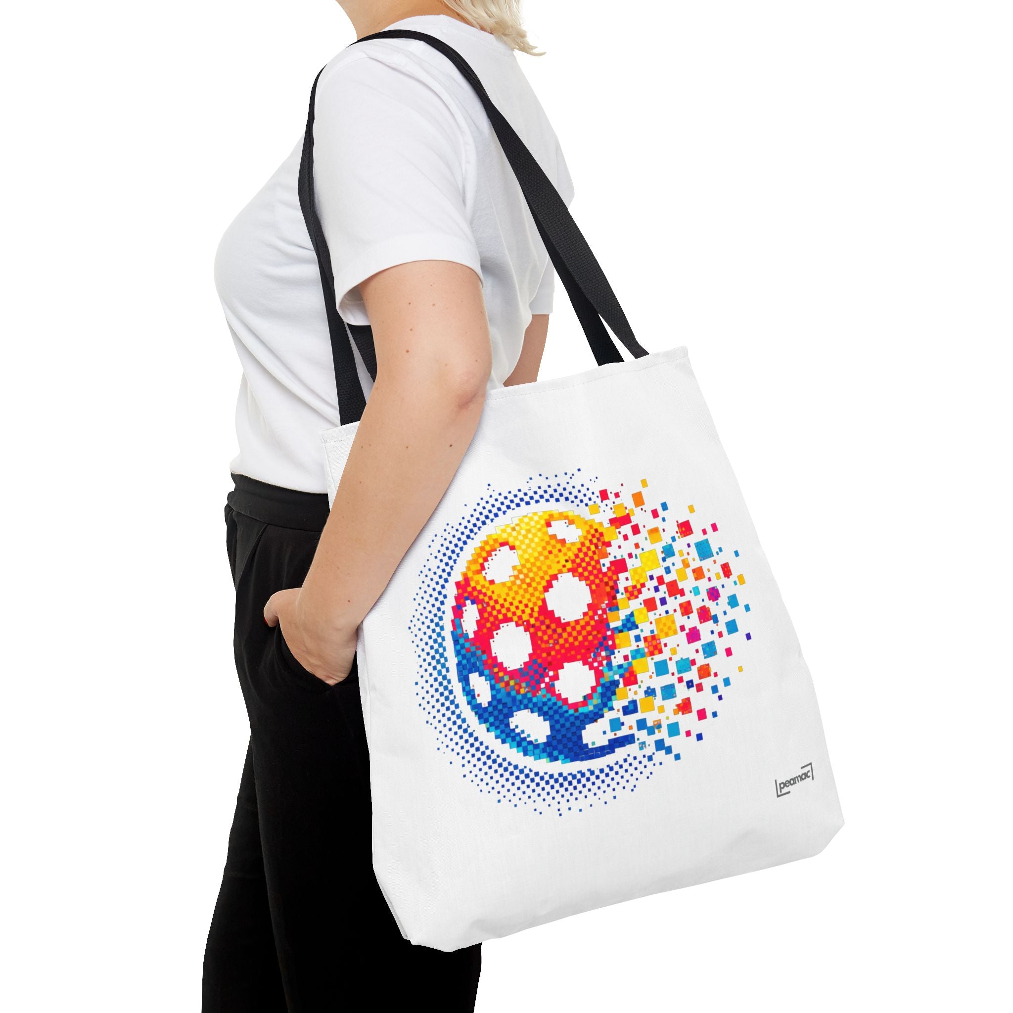 Pixelated pickleball large tote bag with retro digital wiffle ball design, printed by Printify, featuring vibrant colorful graphics.