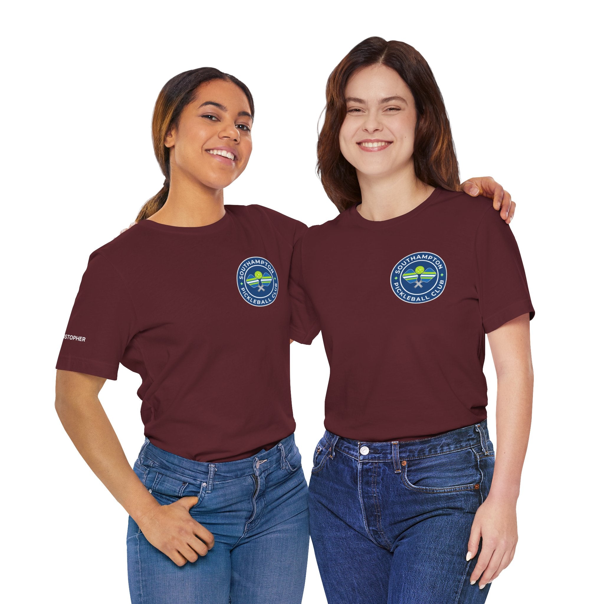 Personalized Pickleball T-shirt with custom name sleeve, club logo, and pickleball graphic on the back, by Printify.