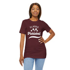 Classic pickleball T-shirt with "Pickleball" script design, comfortable cotton fabric, perfect for pickleball enthusiasts.