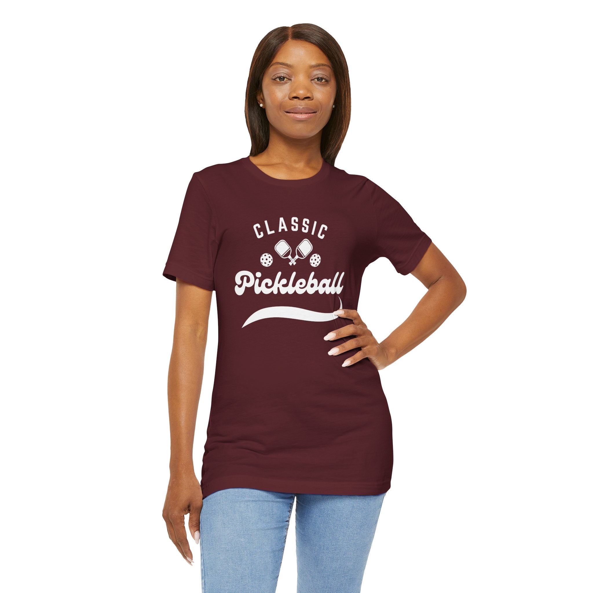 Classic pickleball T-shirt with "Pickleball" script design, comfortable cotton fabric, perfect for pickleball enthusiasts.