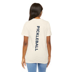 Women's retro-inspired pickleball T-shirt with vertical "PICKLEBALL" back print, by Printify, casual and sporty design.