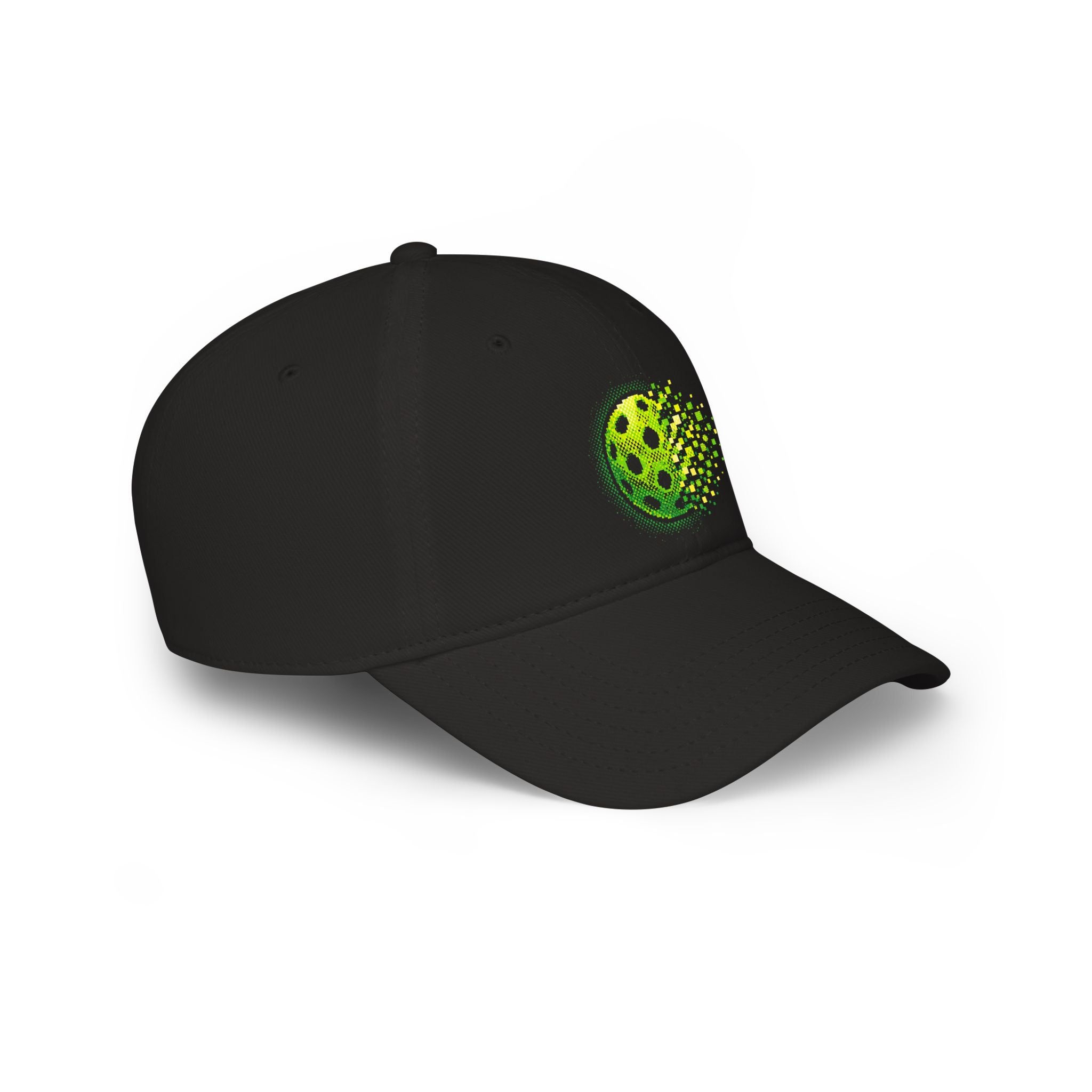 Pixelated Pickleball Cap Neon Green, low profile cotton baseball hat with pixelated pickleball design, by Printify.