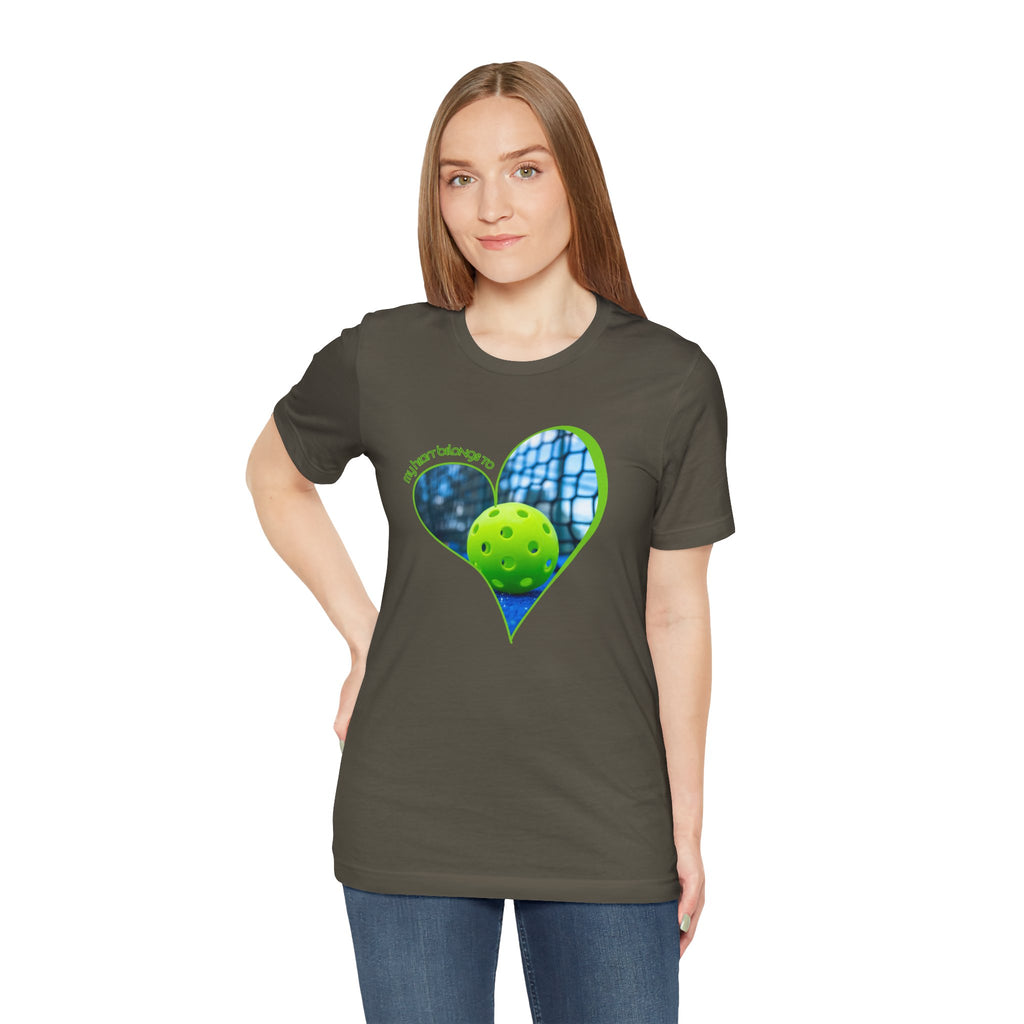 White Pickleball T-shirt from Printify with "My Heart Belongs to Pickleball" slogan, designed for players and fans.