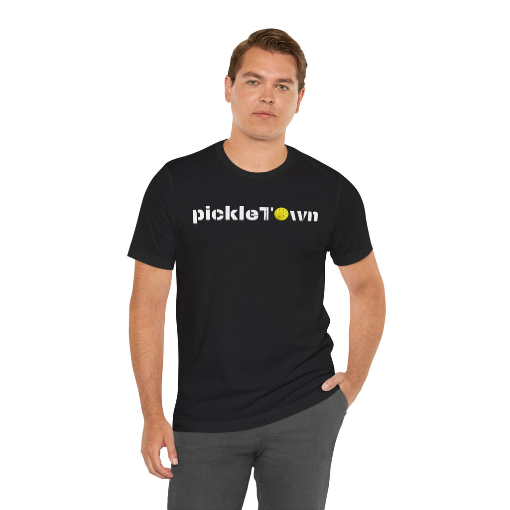 Toronto PickleTOwn T-Shirt featuring CN Tower and pickleball design, casual fit, made by Printify.