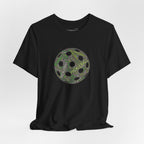 Pickleball Word Cloud T-Shirt with pickleball-shaped graphic featuring words like dink, pickle, and kitchen on a casual tee.