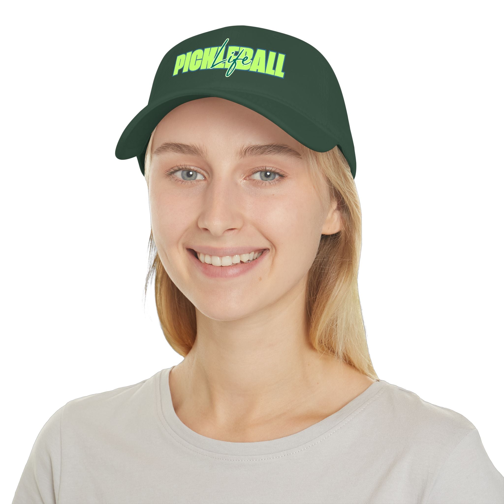 Green and blue script pickleball hat by Printify, low profile baseball cap with bold "Pickleball Life" lettering.