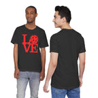 Red love-themed pickleball graphic T-shirt from Printify featuring bold pop art design on a casual tee.