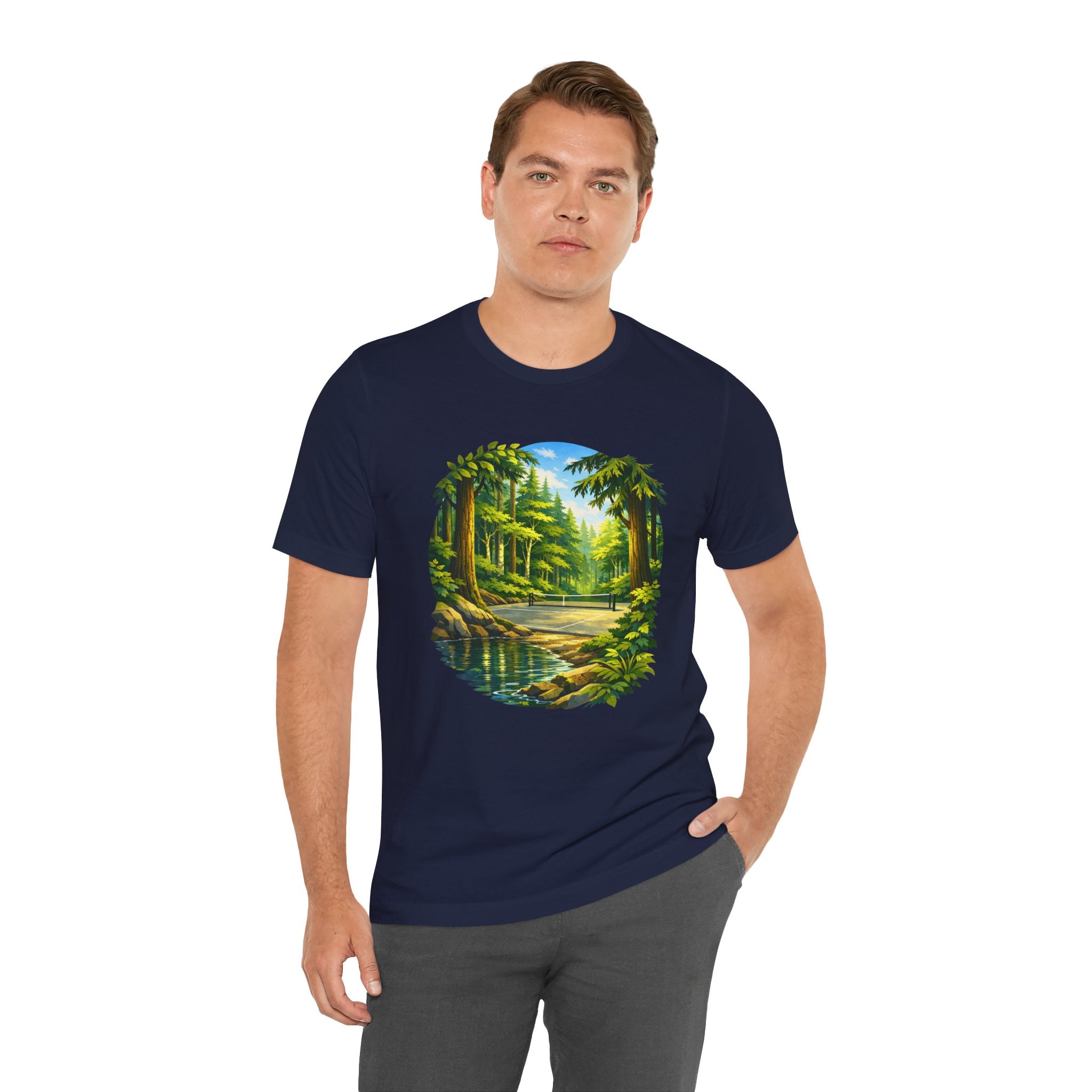 Unisex Hidden Forest Pickleball T-Shirt with Bainbridge Island tribute design, printed by Printify, in natural forest-themed style.