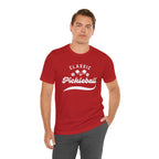 Classic pickleball T-shirt with "Pickleball" script design, featuring a comfortable fit and casual style from Printify.