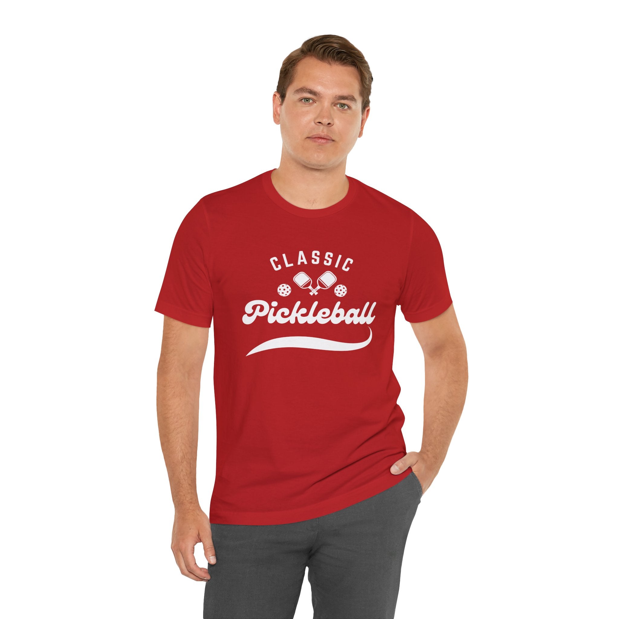 Classic pickleball T-shirt with "Pickleball" script design, featuring a comfortable fit and casual style from Printify.