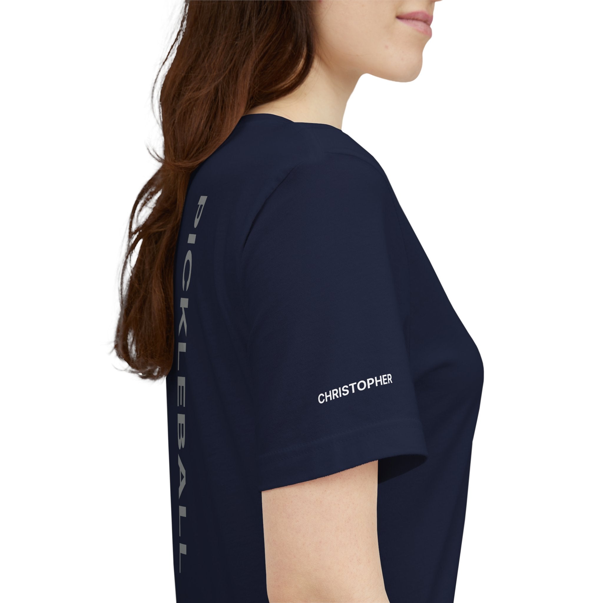 Personalized pickleball T-shirt by Printify featuring custom name sleeve and club logo on the back for pickleball players.