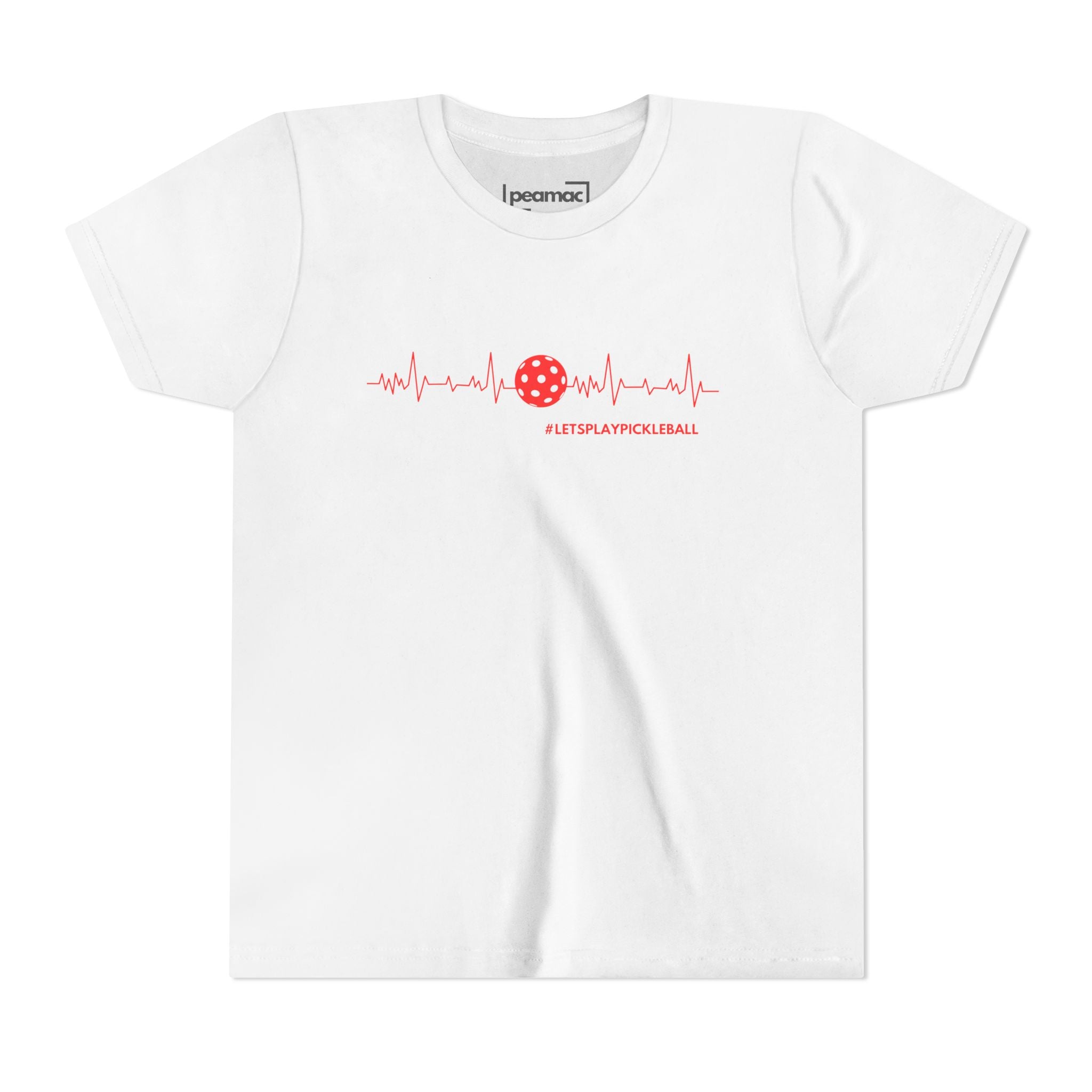 Kids' youth Pickleball T-shirt by Printify featuring a heartbeat design and "Let's Play Pickleball" slogan, colorful and fun.