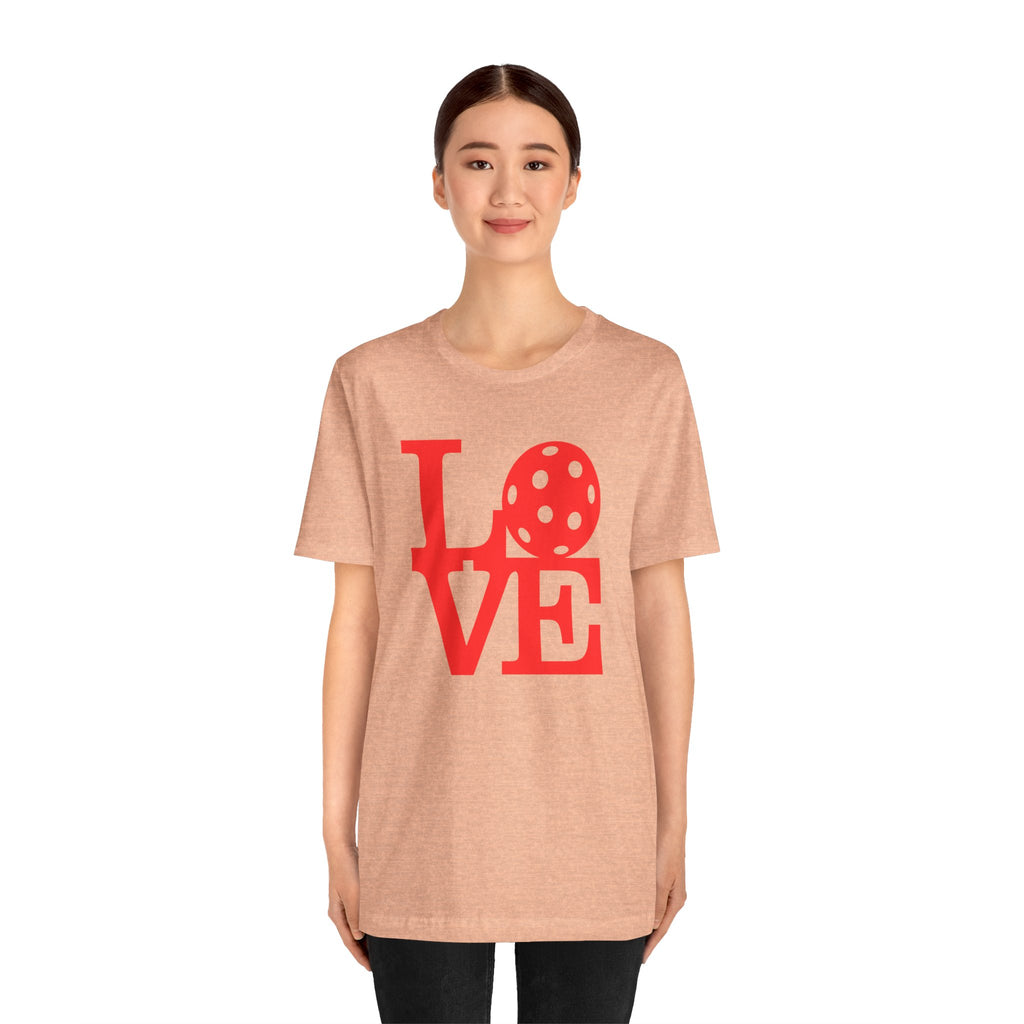 Red LOVE Pickleball graphic T-shirt by Printify featuring bold pop art design on a casual unisex tee.