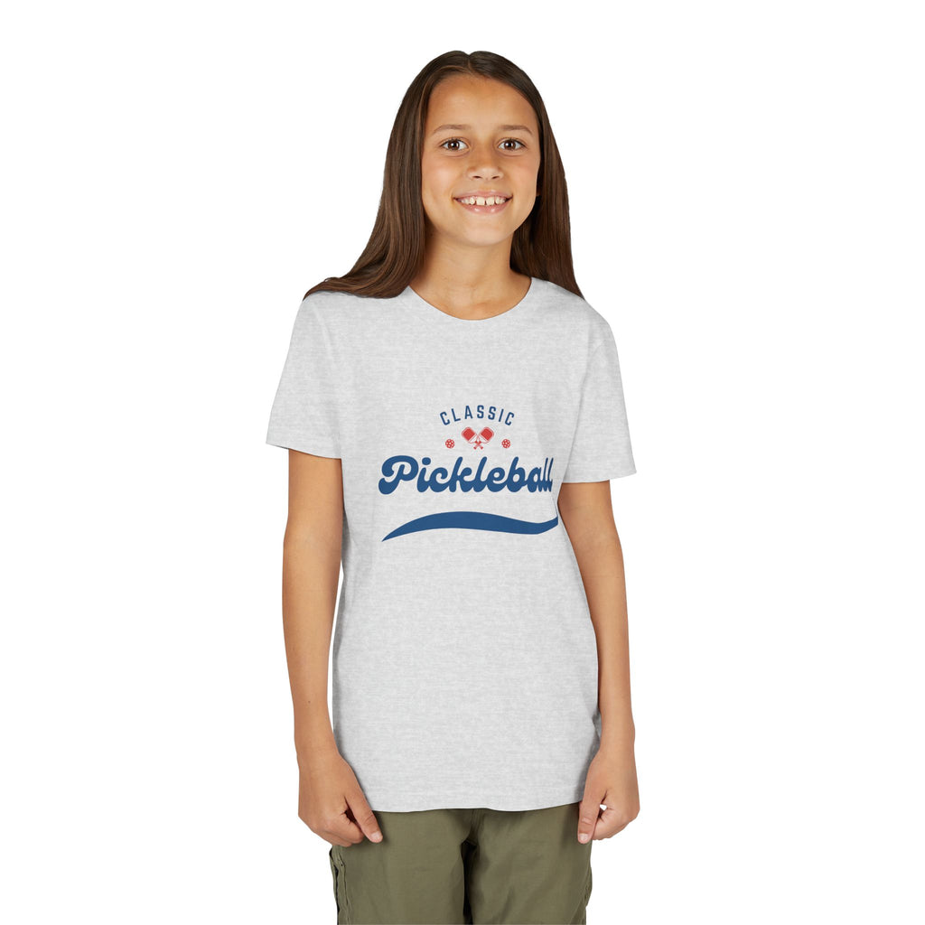 Kids' retro pickleball T-shirt by Printify featuring colorful vintage-inspired design, perfect for boys and girls' sportswear.