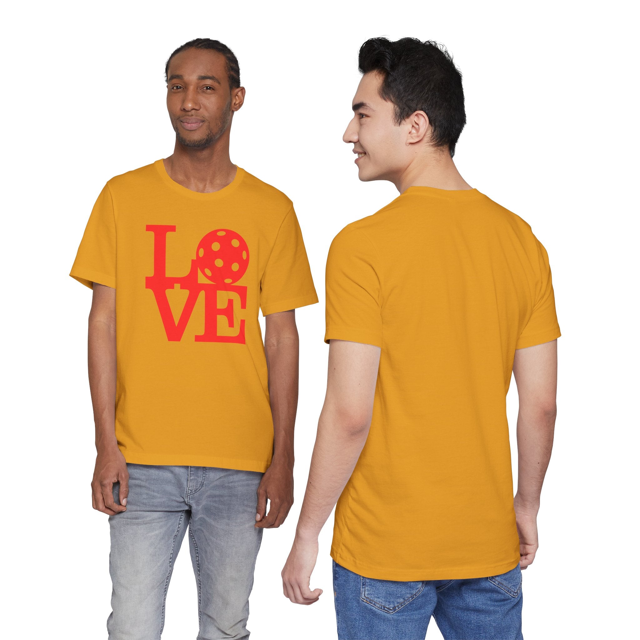 Bright red LOVE Pickleball graphic T-shirt featuring bold pop art design, casual unisex style, printed by Printify.