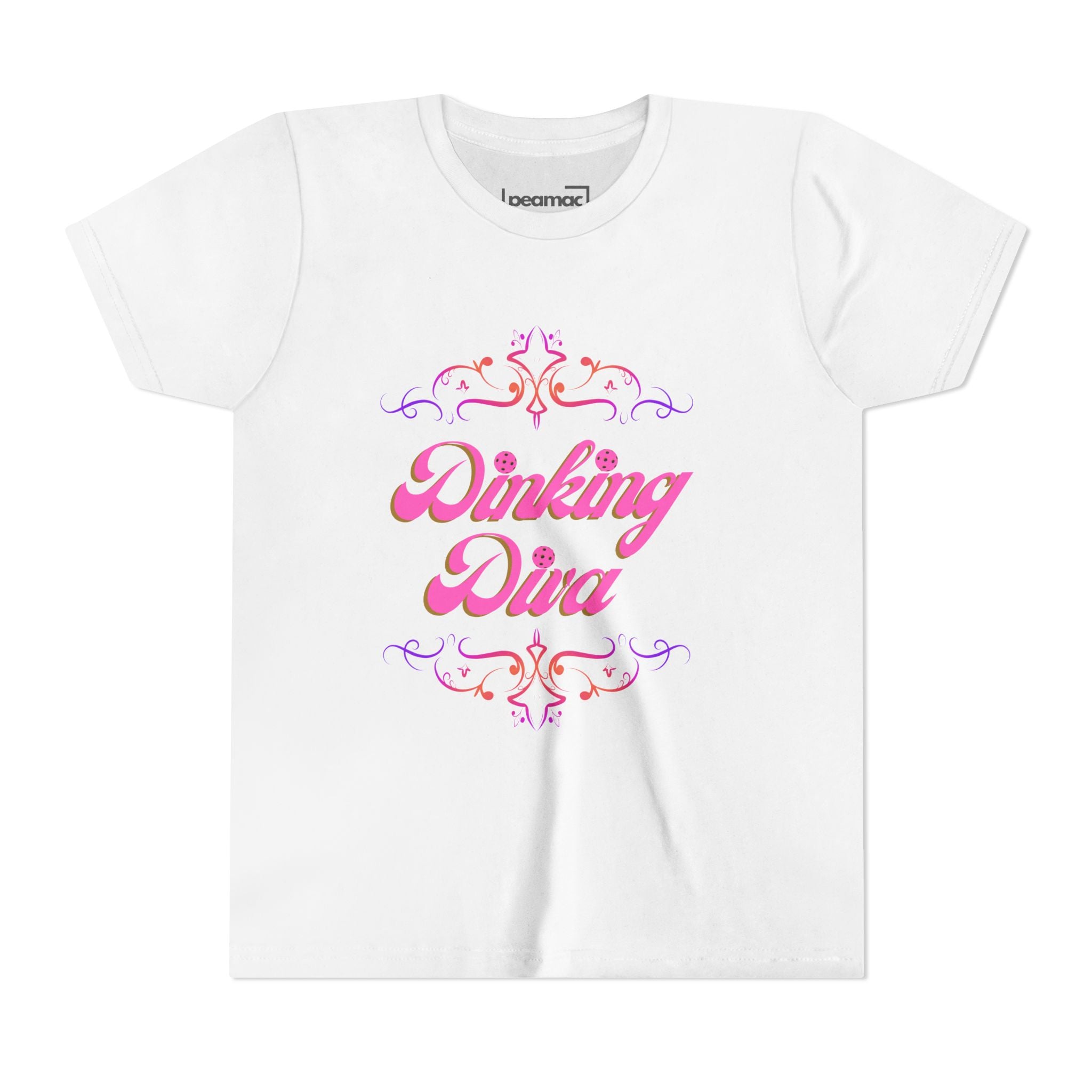 Youth Dinking Diva Fun T-Shirt for Pickleball | Pink Filagree Graphic | Parties, Birthdays, and Everyday Wear, Pink Lettering, Gift for Girls