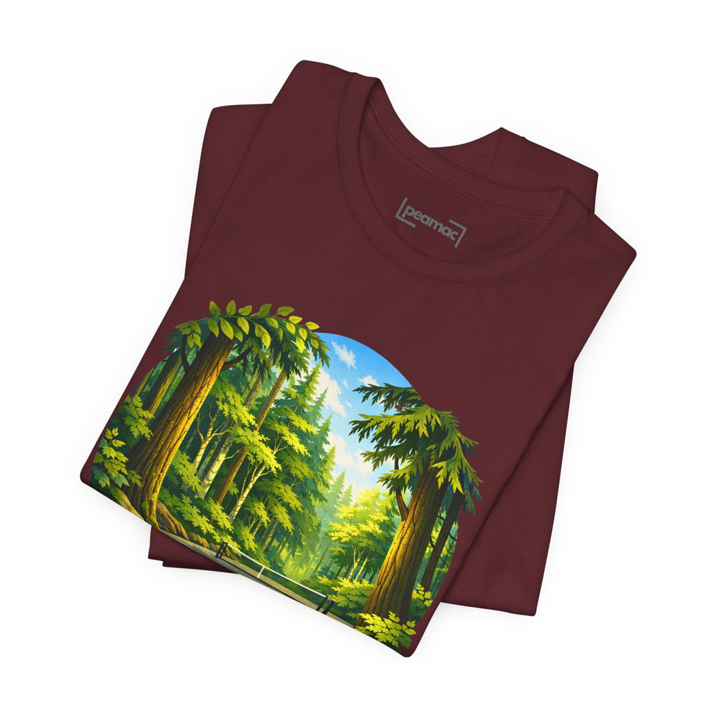 Unisex Hidden Forest Pickleball T-Shirt featuring Bainbridge Island tribute, casual fit, printed by Printify, with forest graphic design