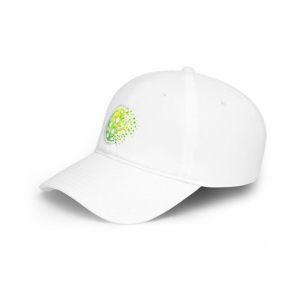 Pixelated Pickleball Cap in neon green, low profile cotton baseball hat with printed pickleball design, by Printify.