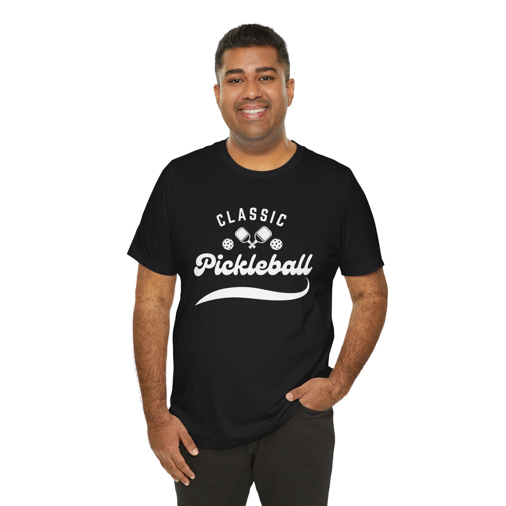 Classic pickleball T-shirt with "Pickleball" script design, comfortable cotton fabric, ideal for pickleball players and fans.