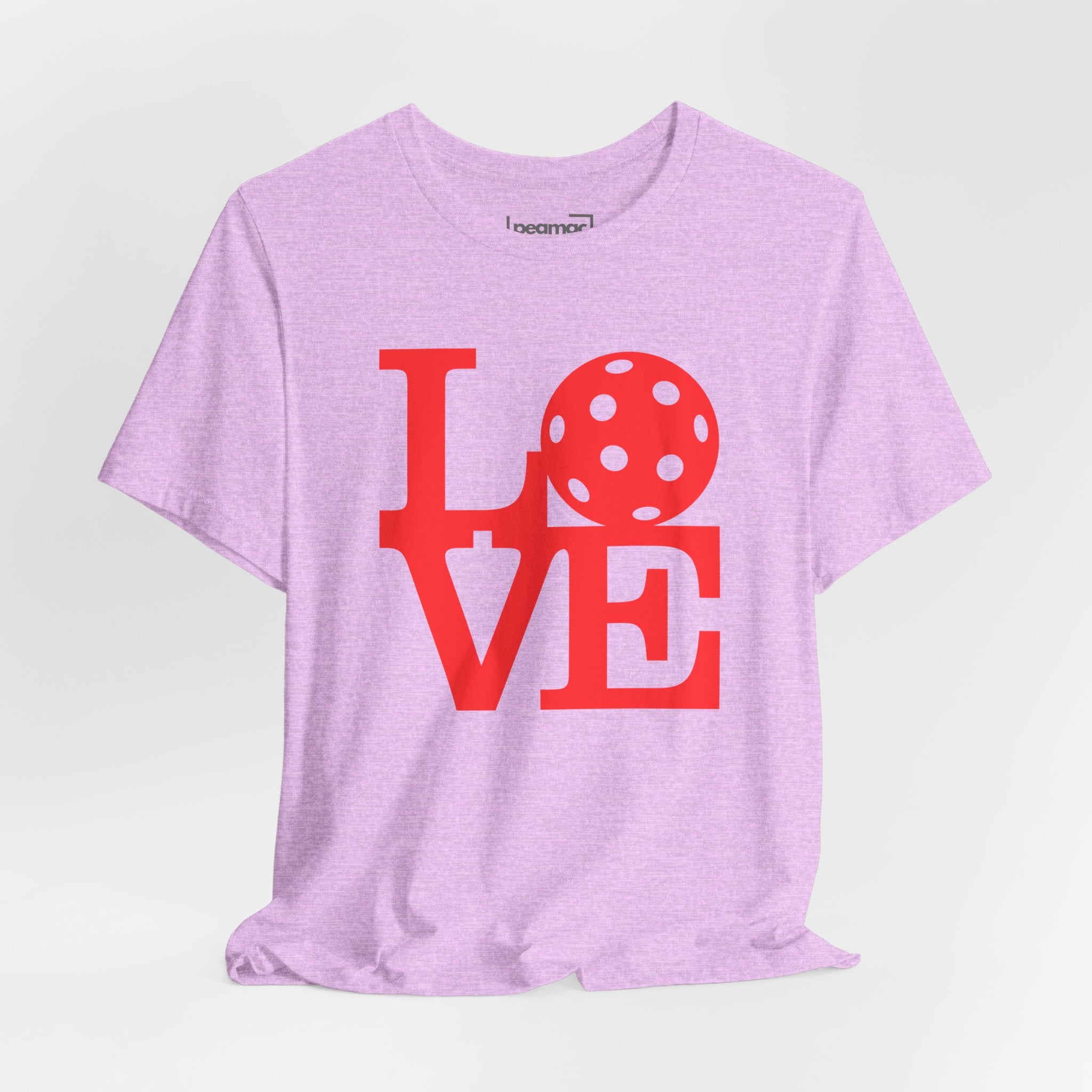 Red LOVE Pickleball graphic T-shirt showing bold pop art design, casual fit, and vibrant colors by Printify.