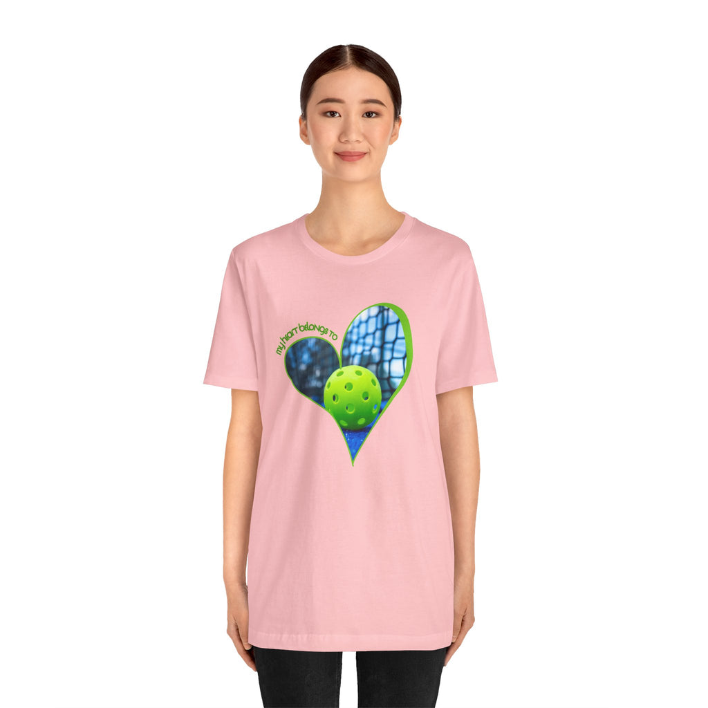 White Pickleball T-shirt with "My Heart Belongs to Pickleball" slogan for players and fans, by Printify.