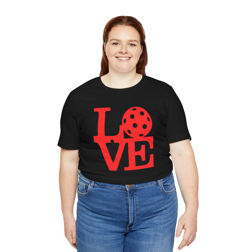 Red LOVE Pickleball graphic T-shirt by Printify featuring bold pop art design and sporty style.