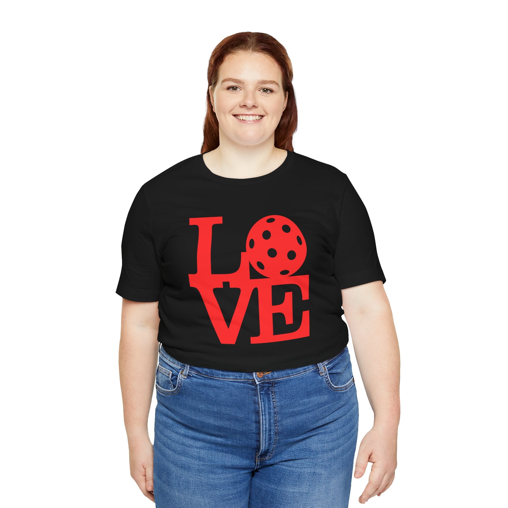 Red LOVE Pickleball graphic T-shirt by Printify featuring bold pop art design and sporty style.