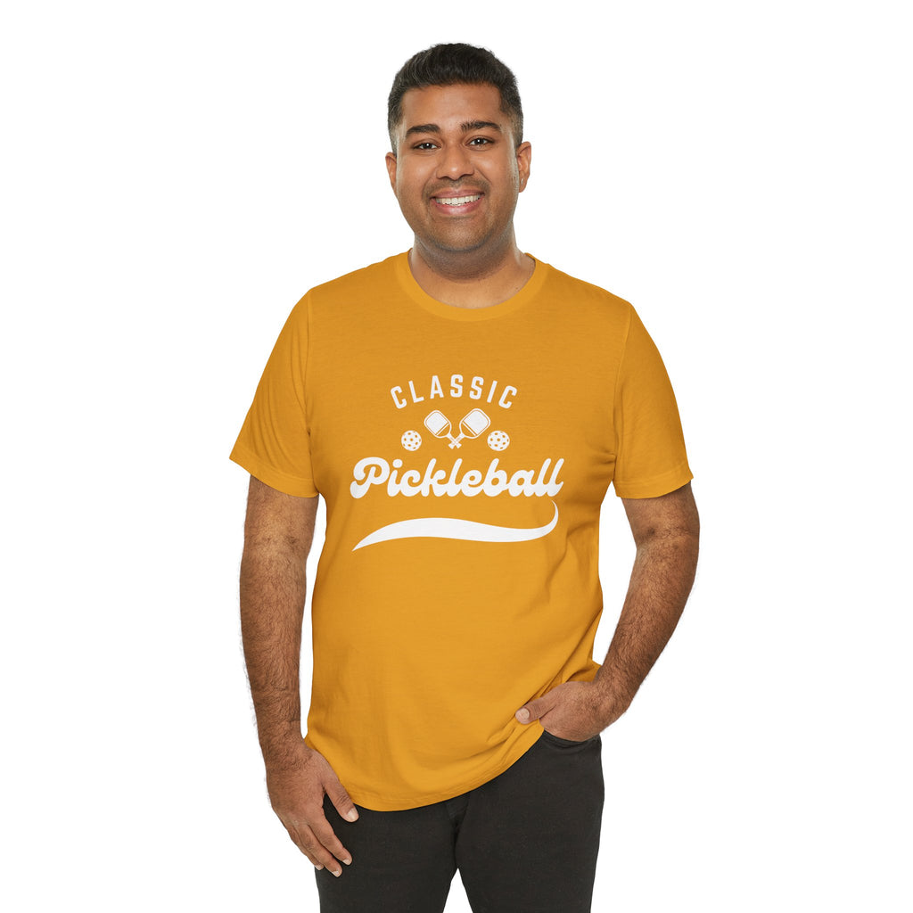 Classic pickleball T-shirt with "Pickleball" script design by Printify, featuring a comfortable cotton fabric and colorful print.