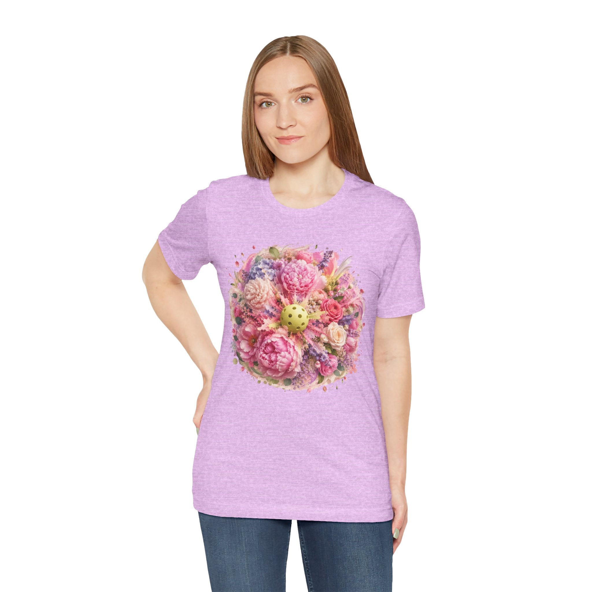 Peony Pickleball Tee by Printify, unisex cotton T-shirt featuring a colorful peony pickleball design on front.