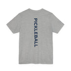 Women's retro-inspired pickleball T-shirt with vertical 'PICKLEBALL' back print, by Printify.