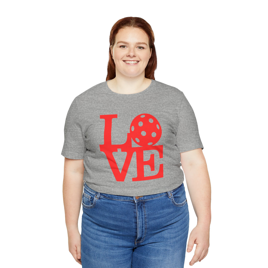 Red LOVE Pickleball graphic T-shirt by Printify featuring bold pop art style design on a casual tee.