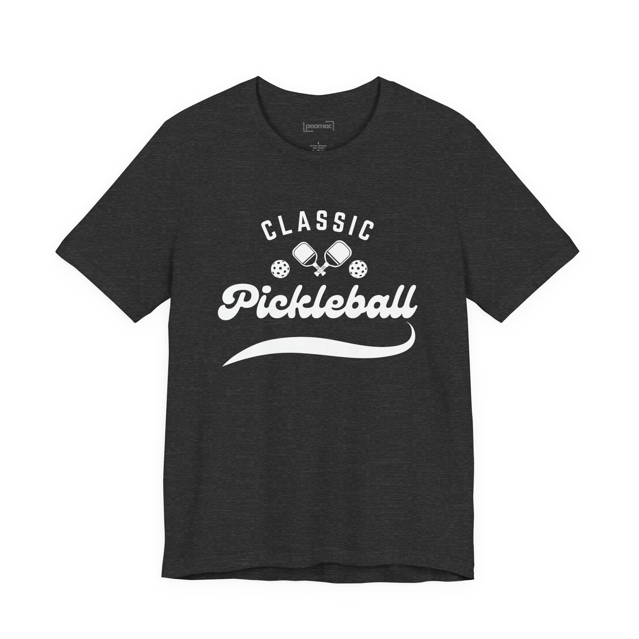 Classic pickleball T-shirt with "Pickleball" script design, comfortable cotton shirt for active play and casual wear.