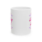Pink filigree ceramic mug with "Dinking Diva" pickleball design, available in 11oz and 15oz sizes.