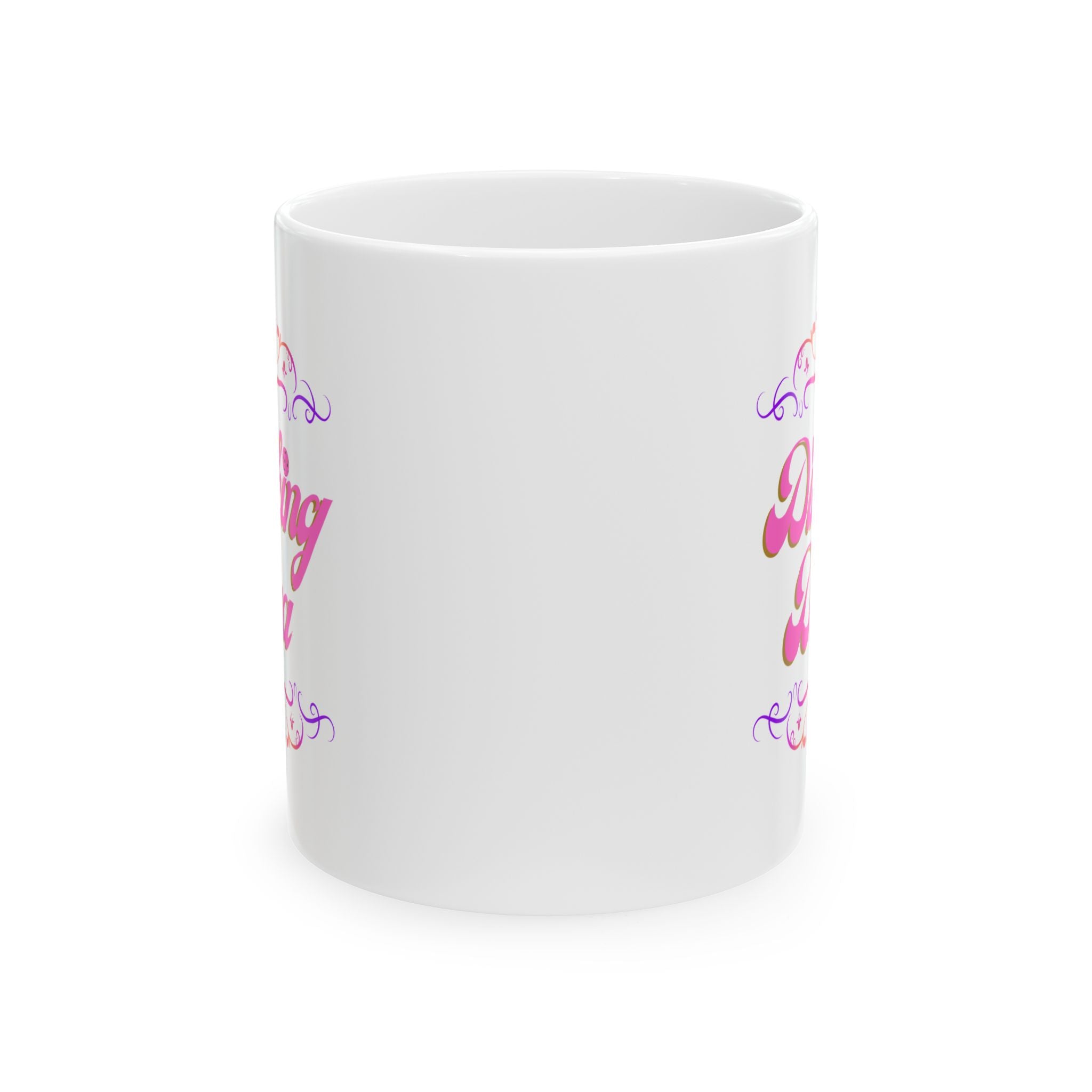 Pink filigree ceramic mug with "Dinking Diva" pickleball design, available in 11oz and 15oz sizes.