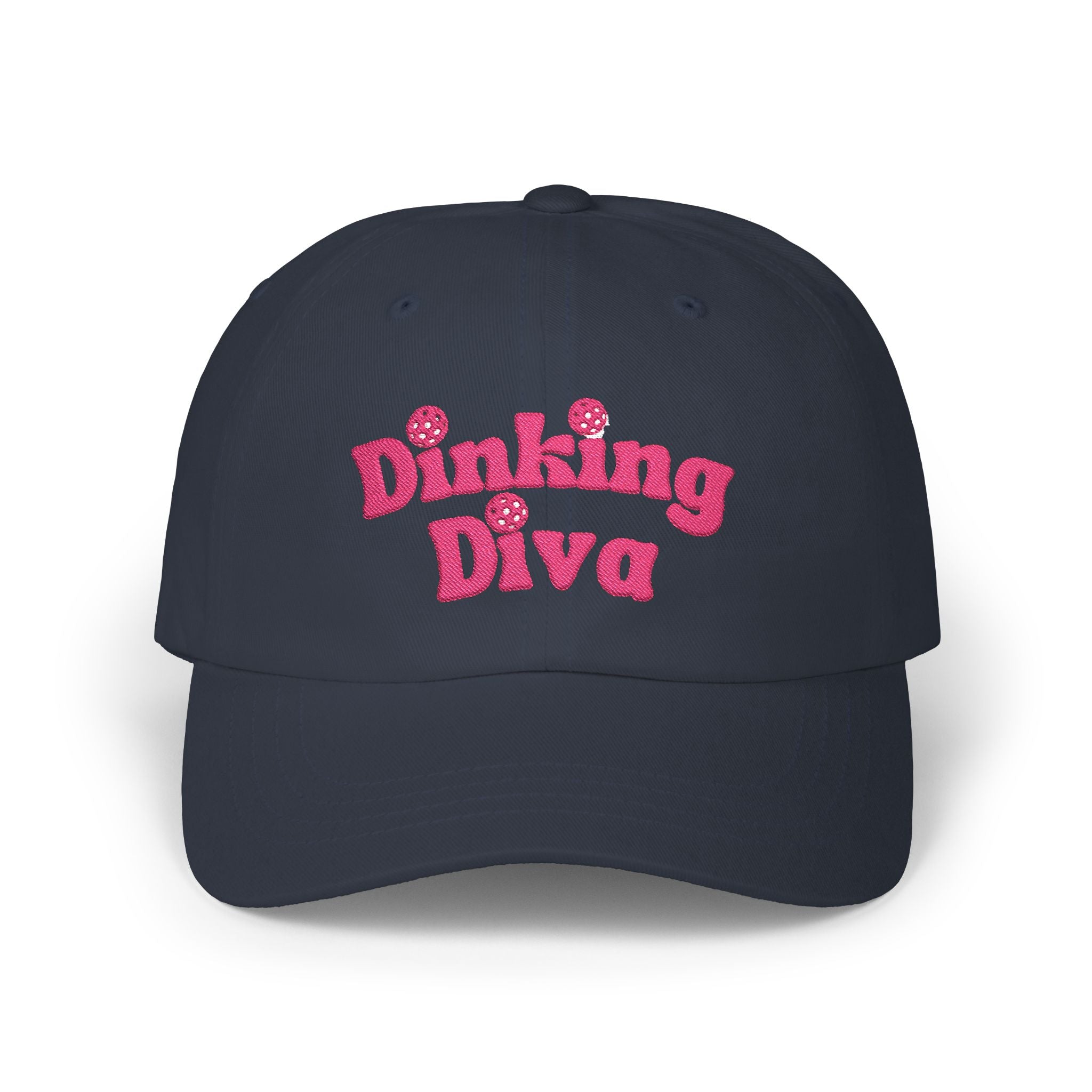 Embroidered Dinking Diva pickleball baseball cap with leather and brass closure, stylish hat with sporty design and detailed embroidery.