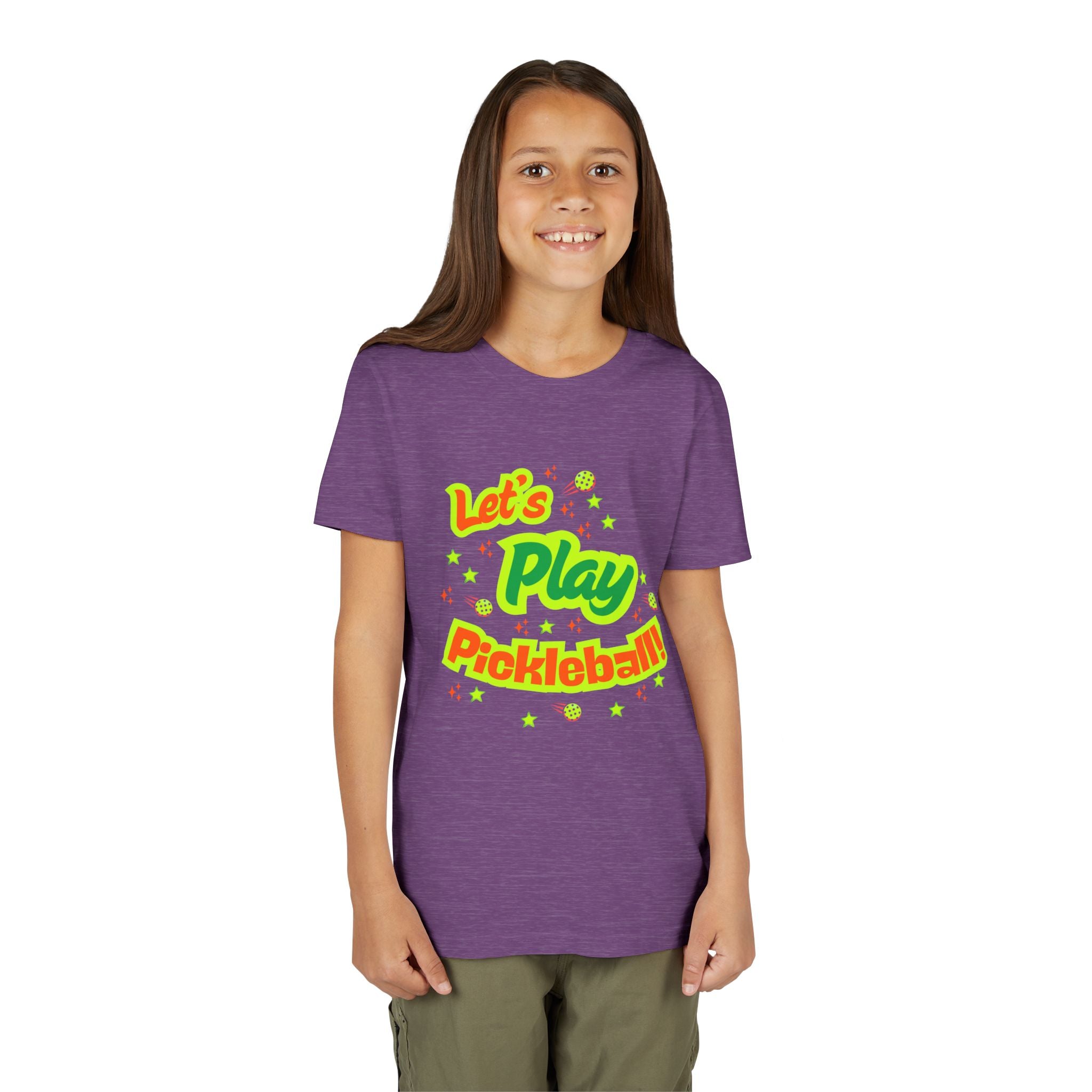 Youth neon pickleball graphic t-shirt for kids, featuring colorful print and playful design, ideal for young pickleball enthusiasts.
