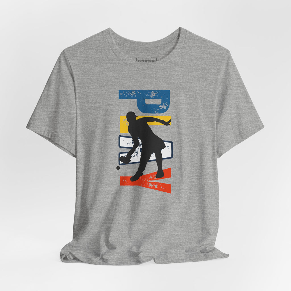 Women's retro-inspired pickleball T-shirt with vertical 'PICKLEBALL' back print, by Printify, in vibrant colors.