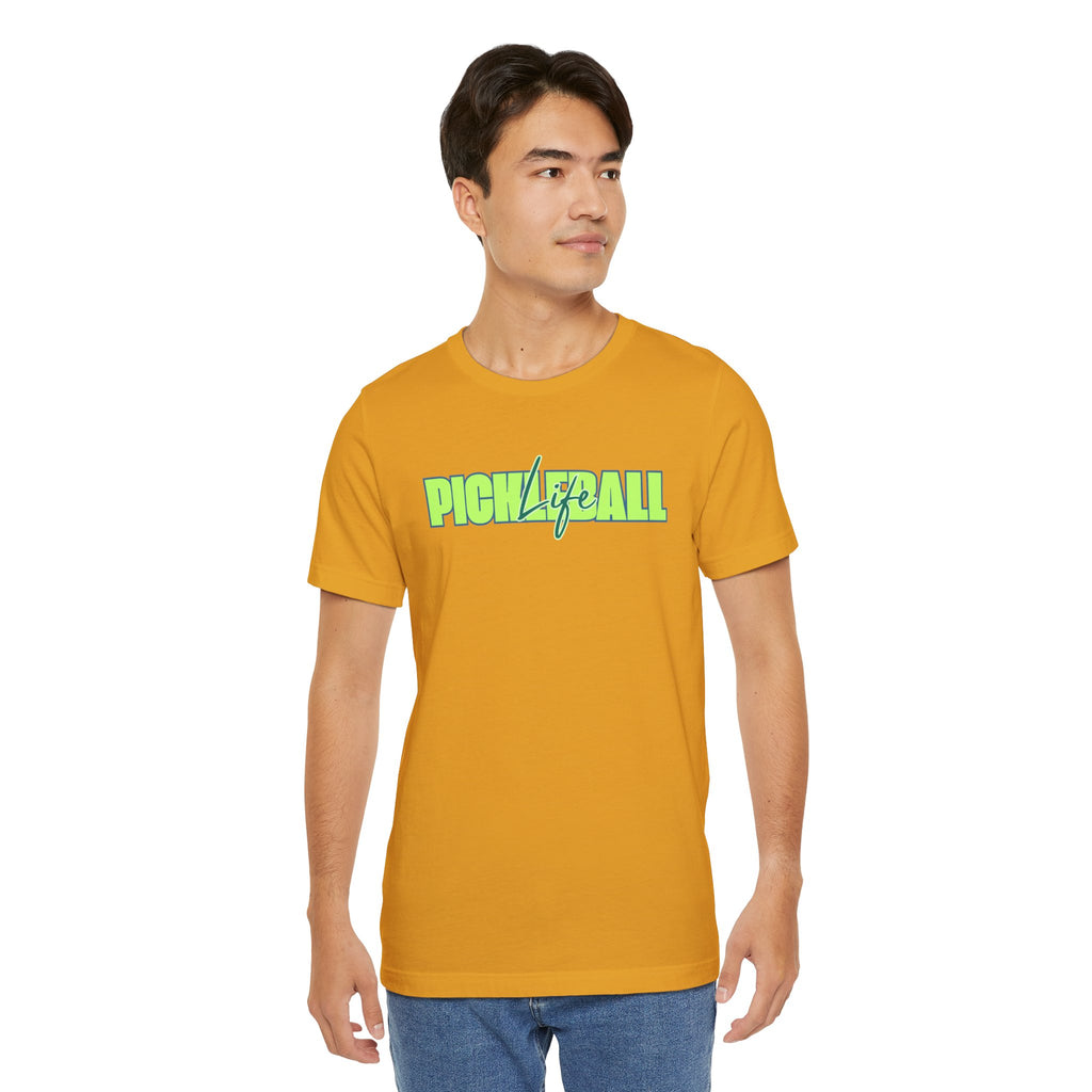 Unisex Pickleball Life T-shirt with bold green and blue graphic print, featuring a casual fit and vibrant design.