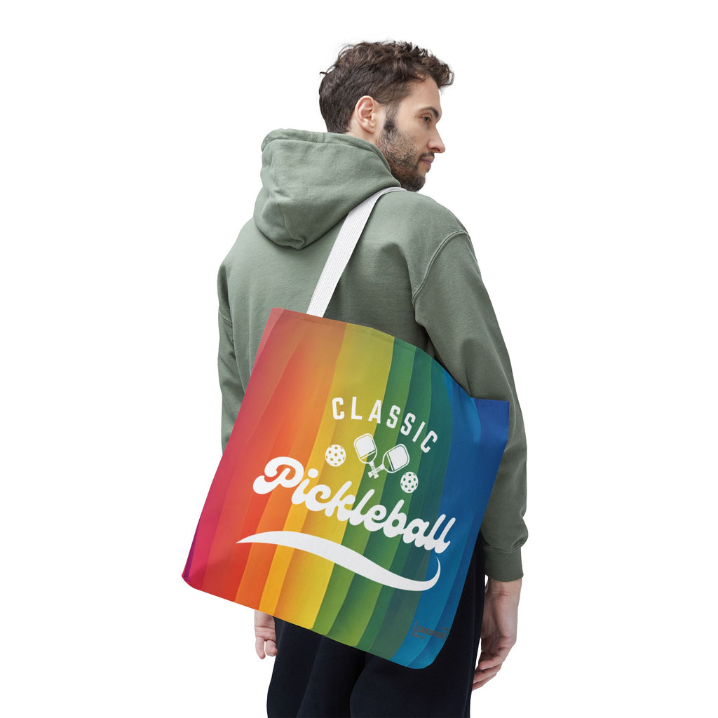 Large rainbow tote bag with pickleball classic retro crossed paddles script print, made by Printify, suitable for carrying essentials.