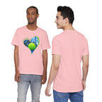White pickleball T-shirt with "My Heart Belongs to Pickleball" slogan, featuring a pickleball graphic for players and fans.