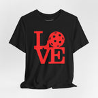 Red LOVE Pickleball graphic T-shirt by Printify featuring bold pop art design on a casual cotton tee.