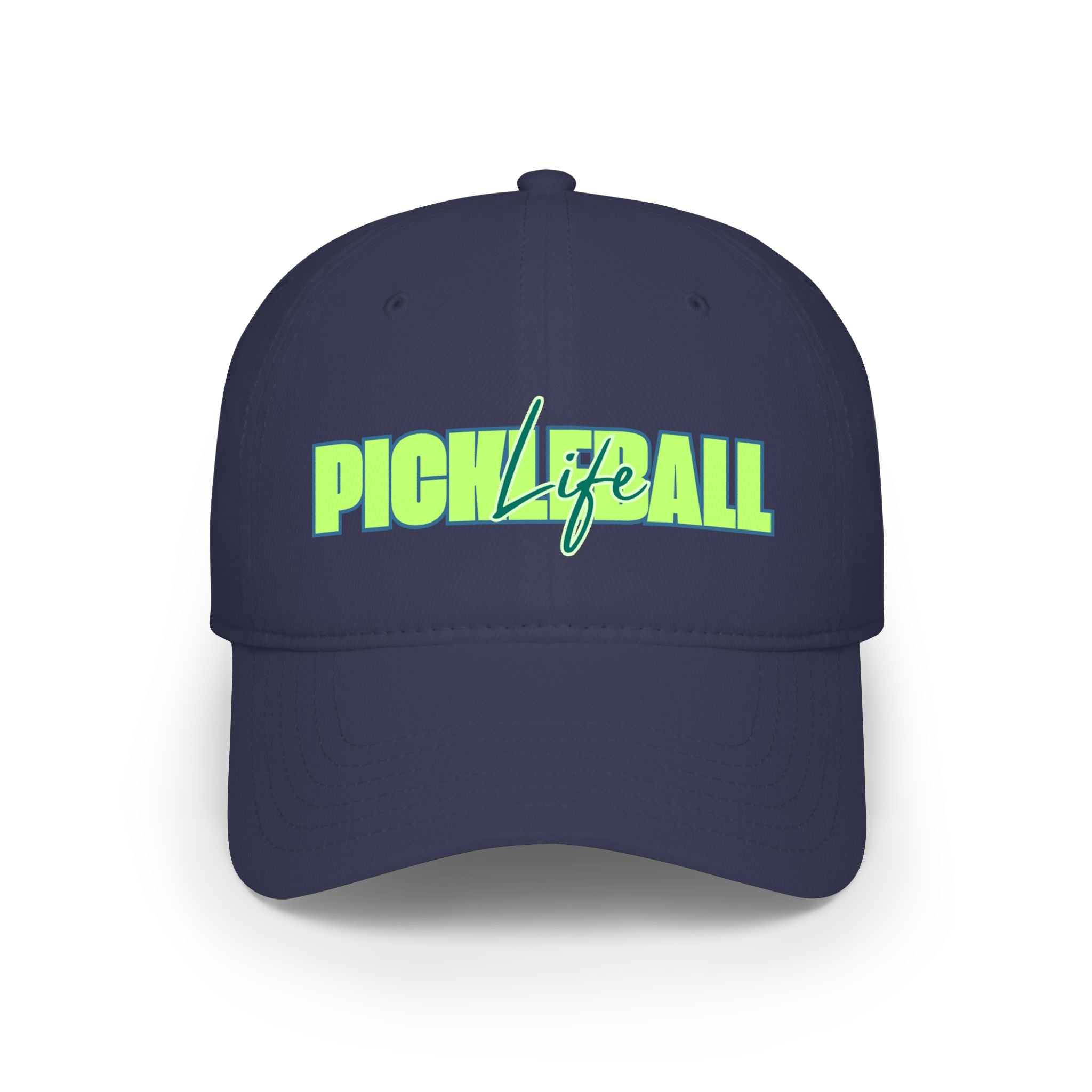 Green and blue Pickleball Life bold script low profile baseball cap, adjustable hats by Printify with embroidered design.