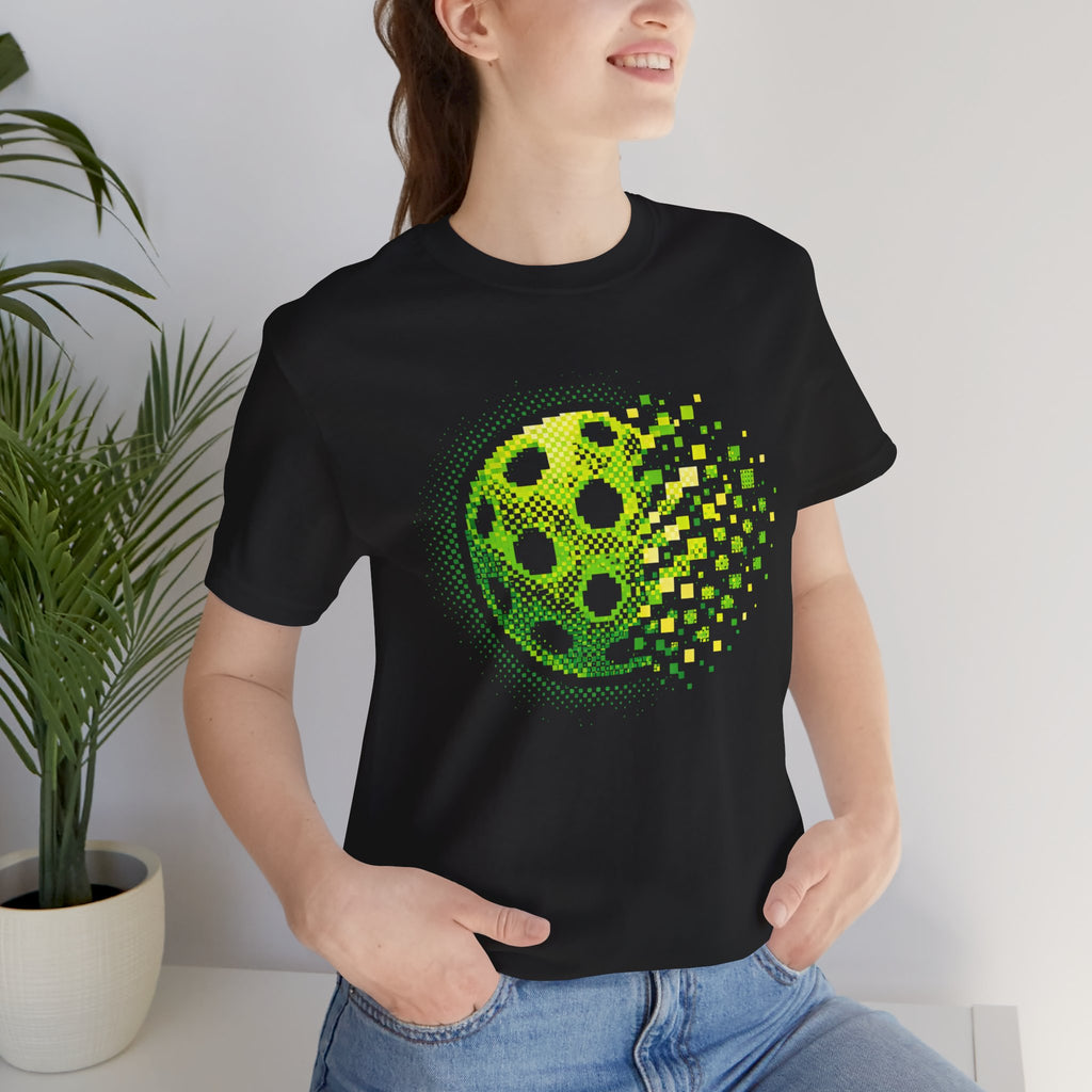 Green Pixelated Pickleball Tee with retro court graphic, casual T-shirt by Printify, showcasing vibrant pickleball design.